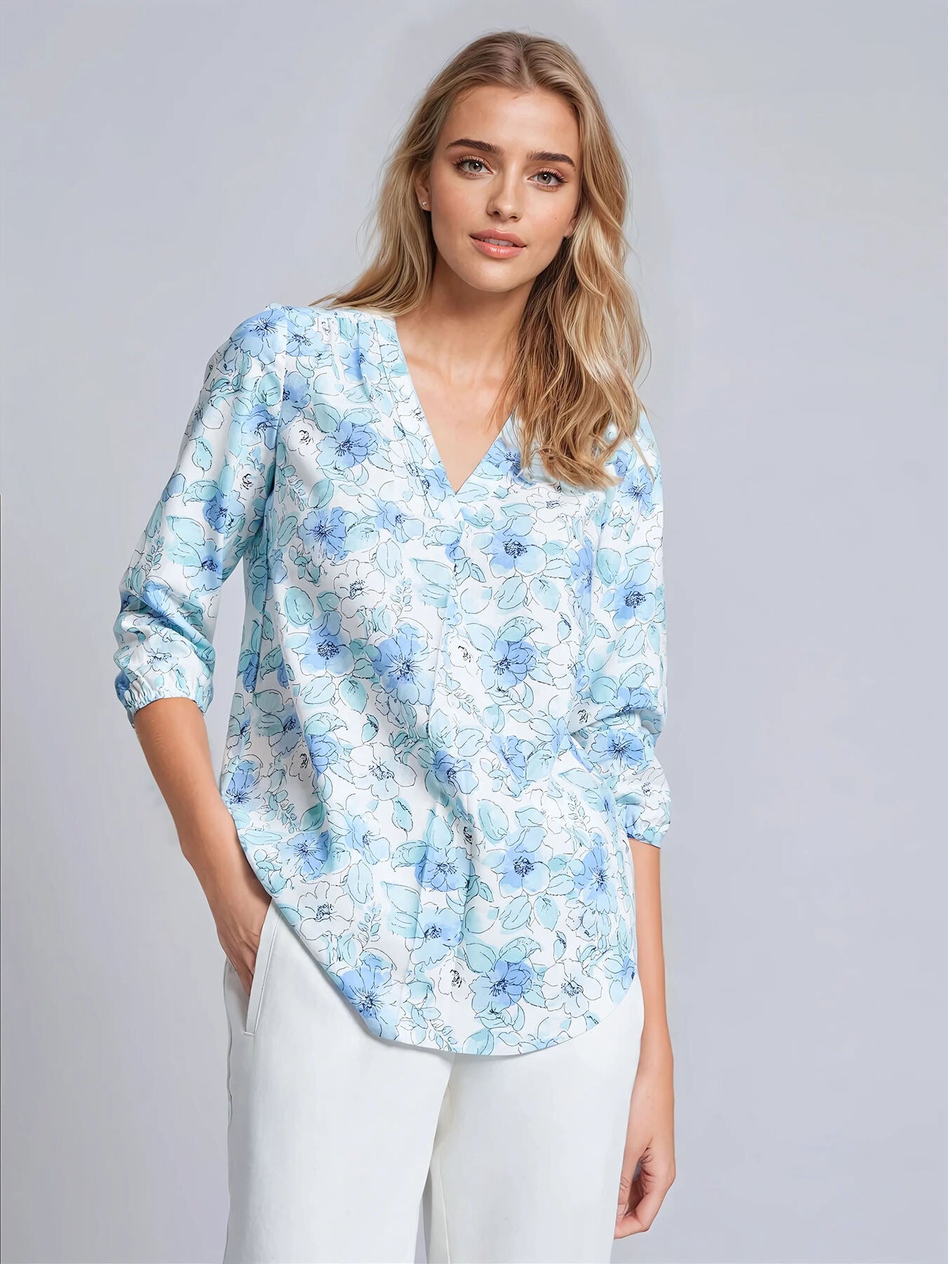 Print V-Neck Pleated Kelly Blouse, Linen Blend 2 Print V-Neck Pleated Kelly Blouse, Linen Blend