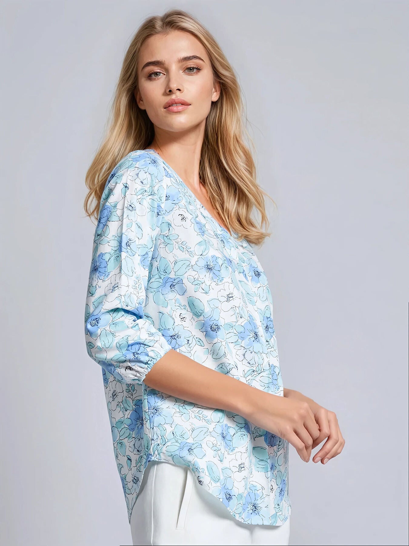 Print V-Neck Pleated Kelly Blouse, Linen Blend 3 Print V-Neck Pleated Kelly Blouse, Linen Blend