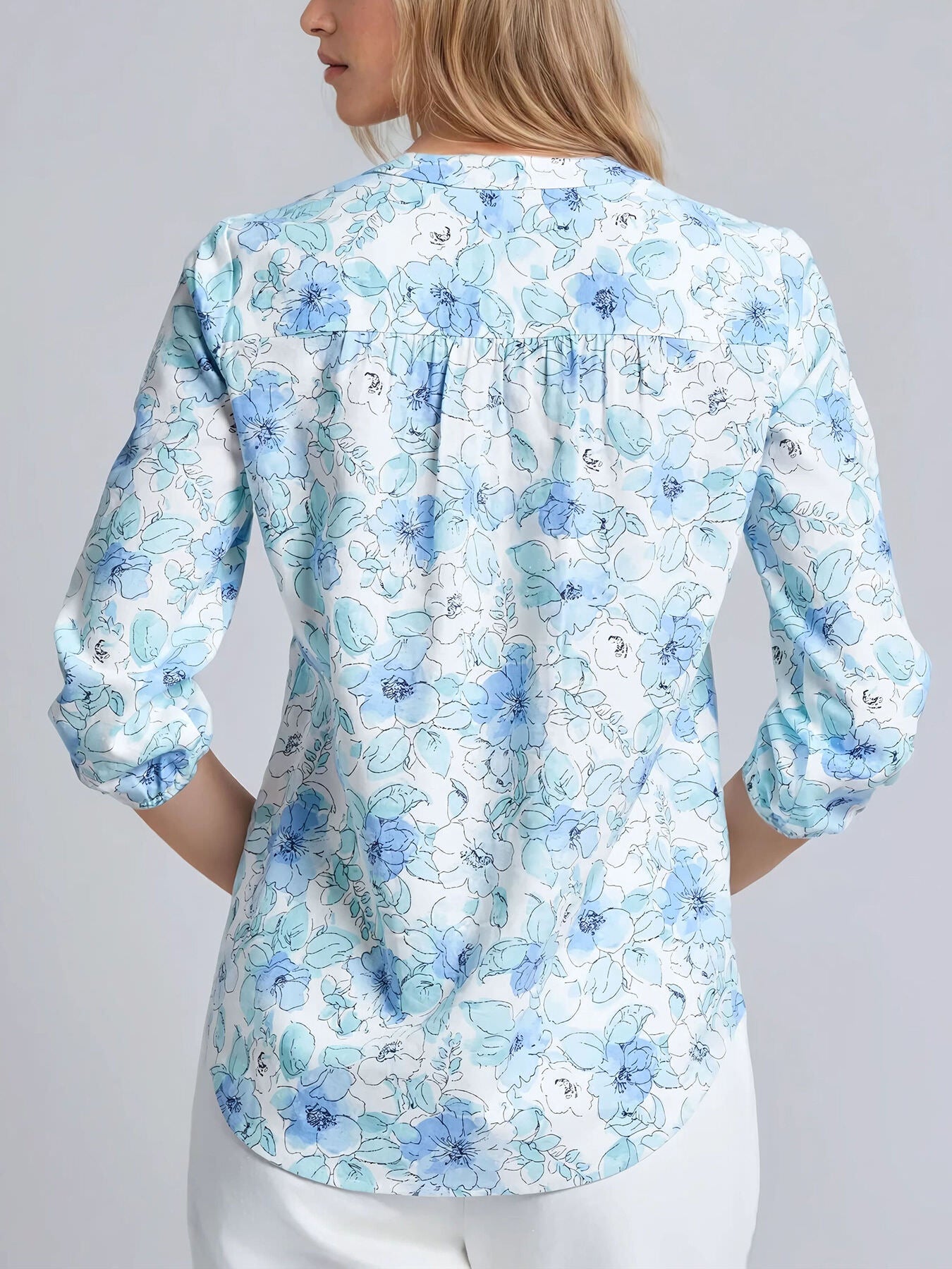 Print V-Neck Pleated Kelly Blouse, Linen Blend 4 Print V-Neck Pleated Kelly Blouse, Linen Blend