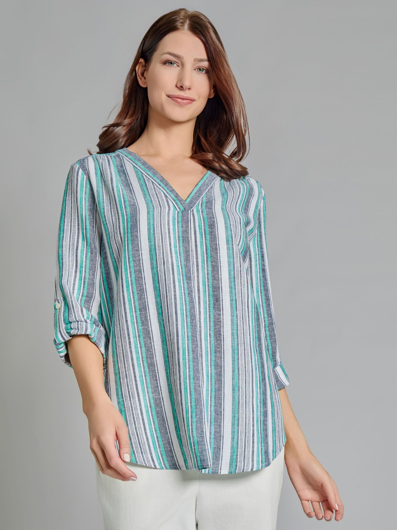 V-Neck Pleated Kelly Blouse, Linen Blend