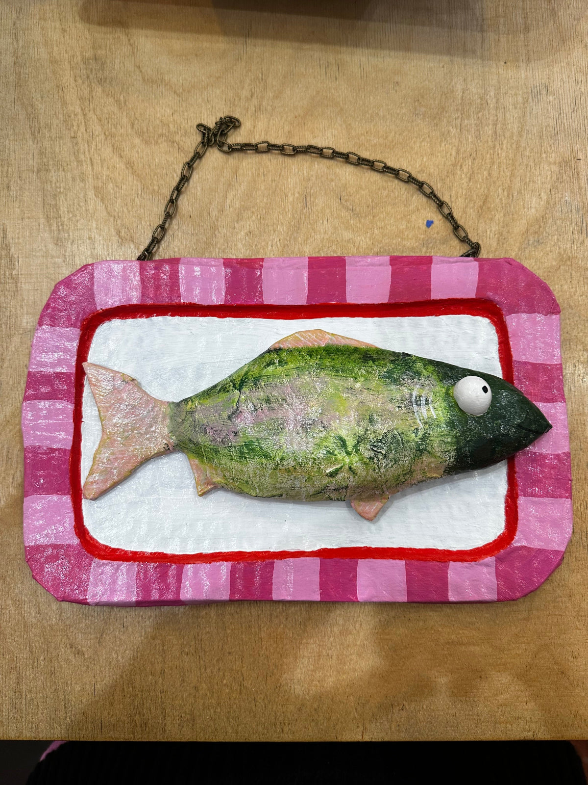 Checker Framed Green Fish Wall Hanging