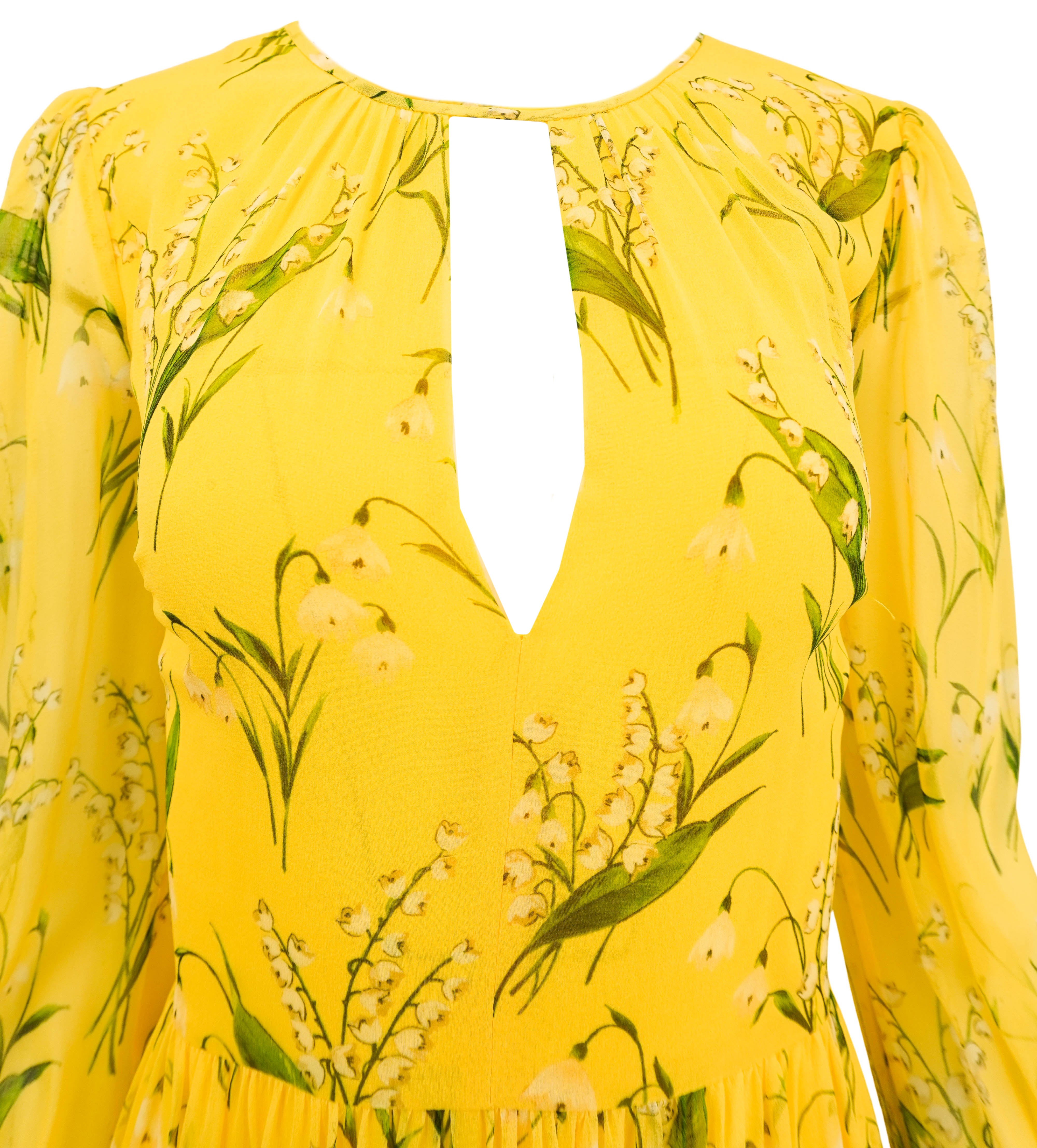 Carolina Herrera Long Sleeve Cutout Neck Tiered Midi Dress in Sunshine Yellow Multi