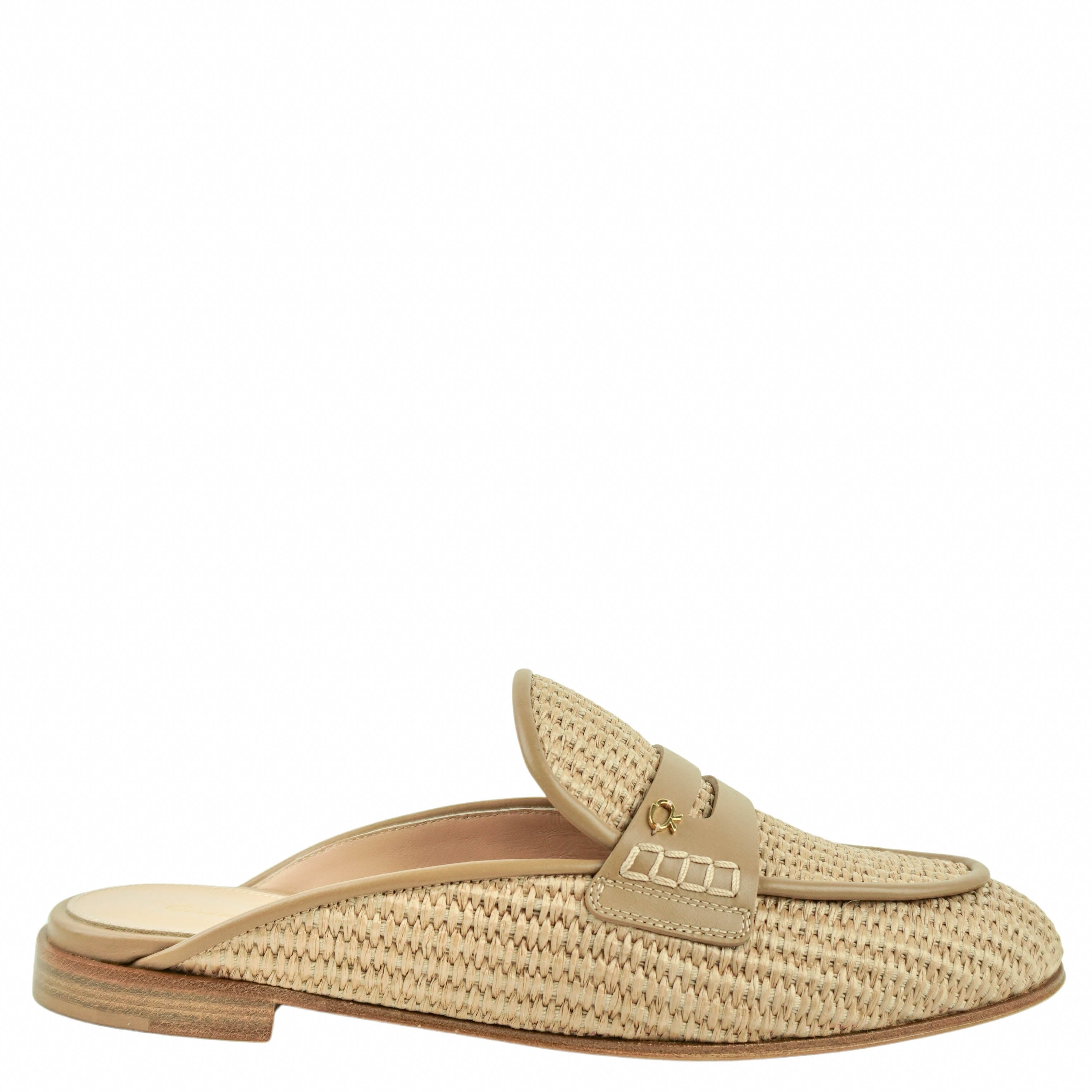 Gianvito Rossi Florio Marbella Raffia & Leather Mules in Natural/Desert