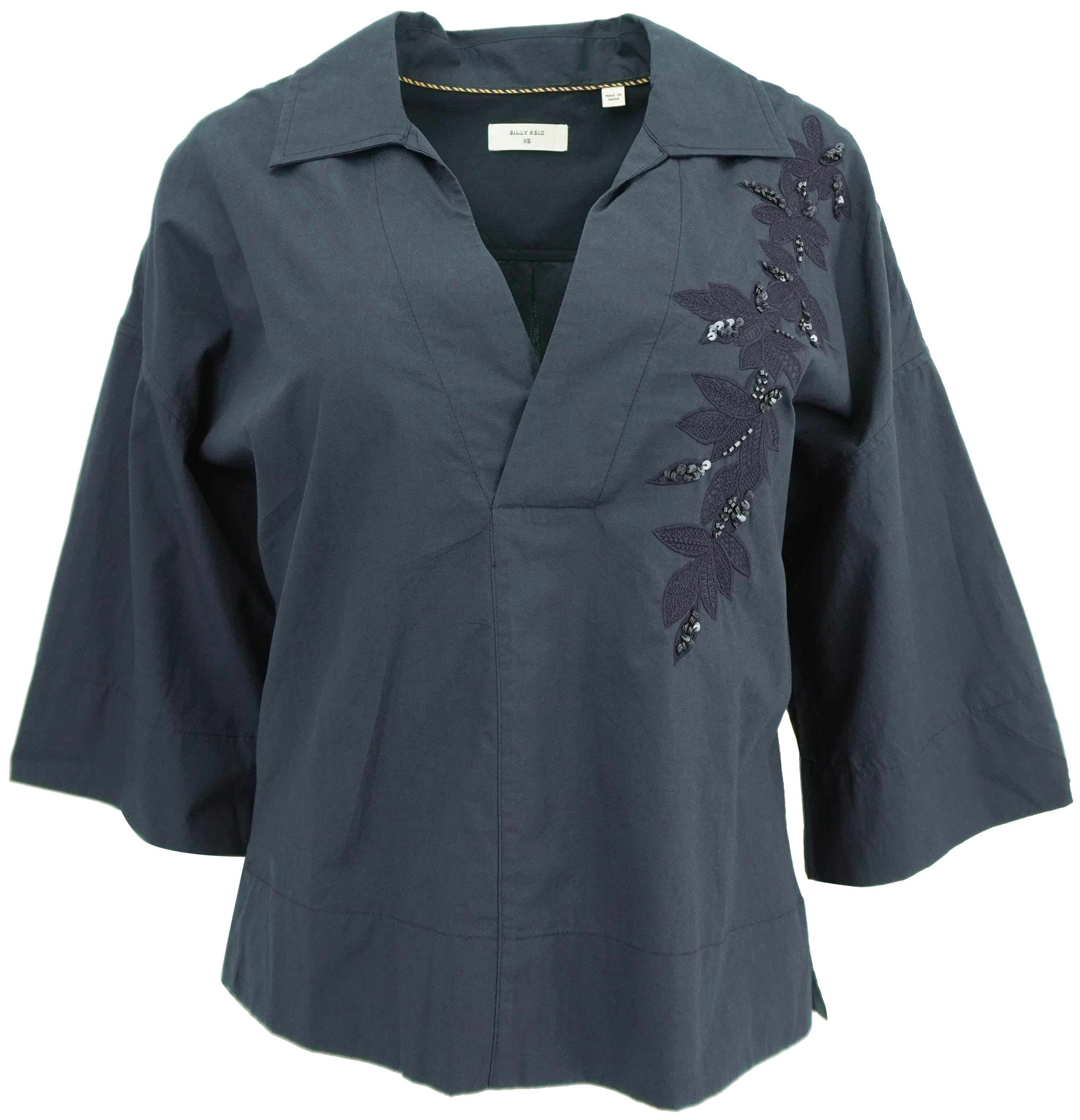 Billy Reid Embellished Cropped Camp Shirt in Carbon Blue