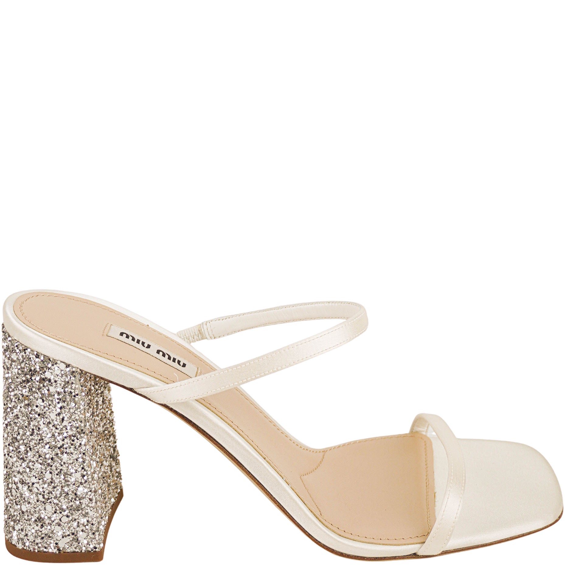 Miu Miu Glitter Satin Sandals in Silver/White 1 Miu Miu Glitter Satin Sandals in Silver/White