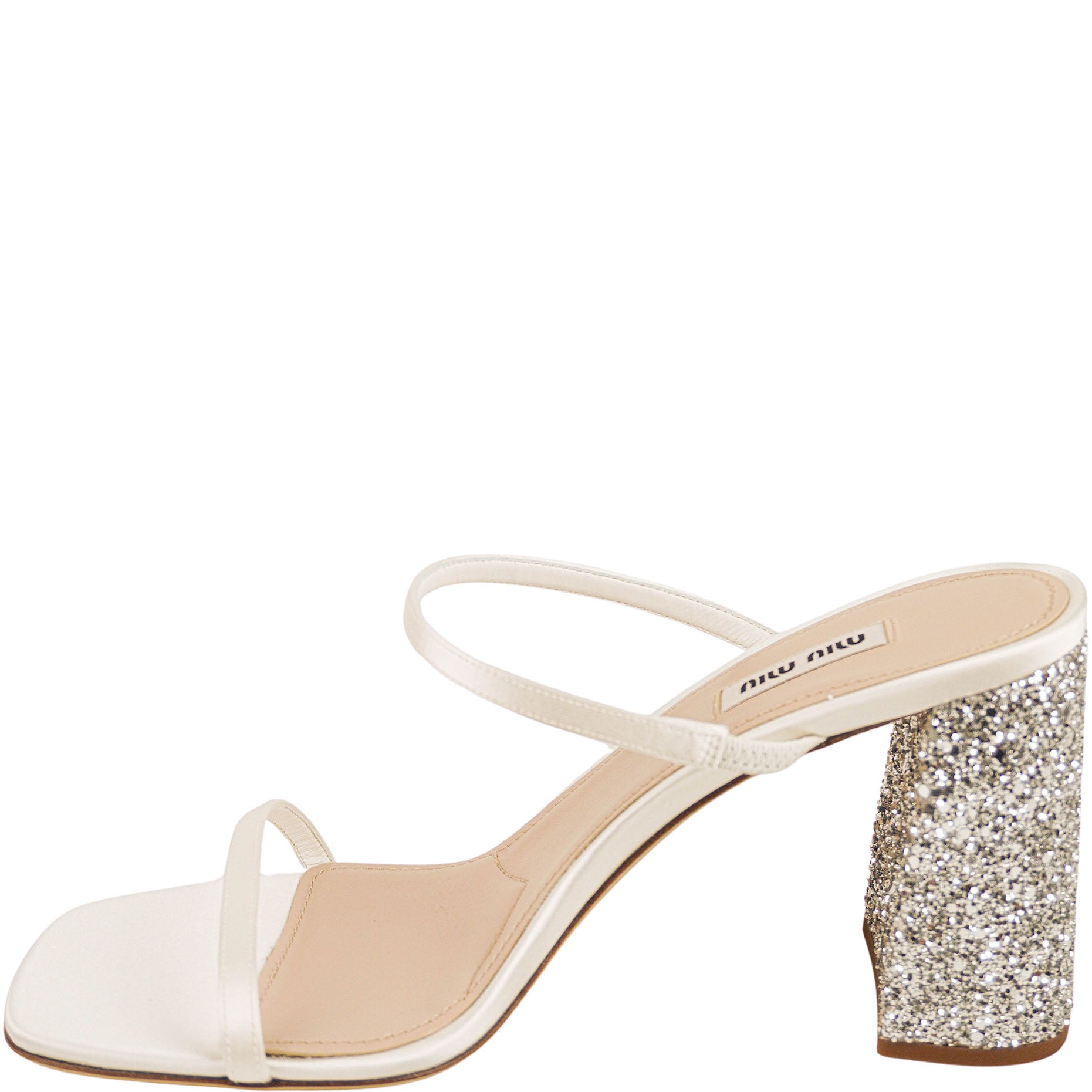 Miu Miu Glitter Satin Sandals in Silver/White 2 Miu Miu Glitter Satin Sandals in Silver/White