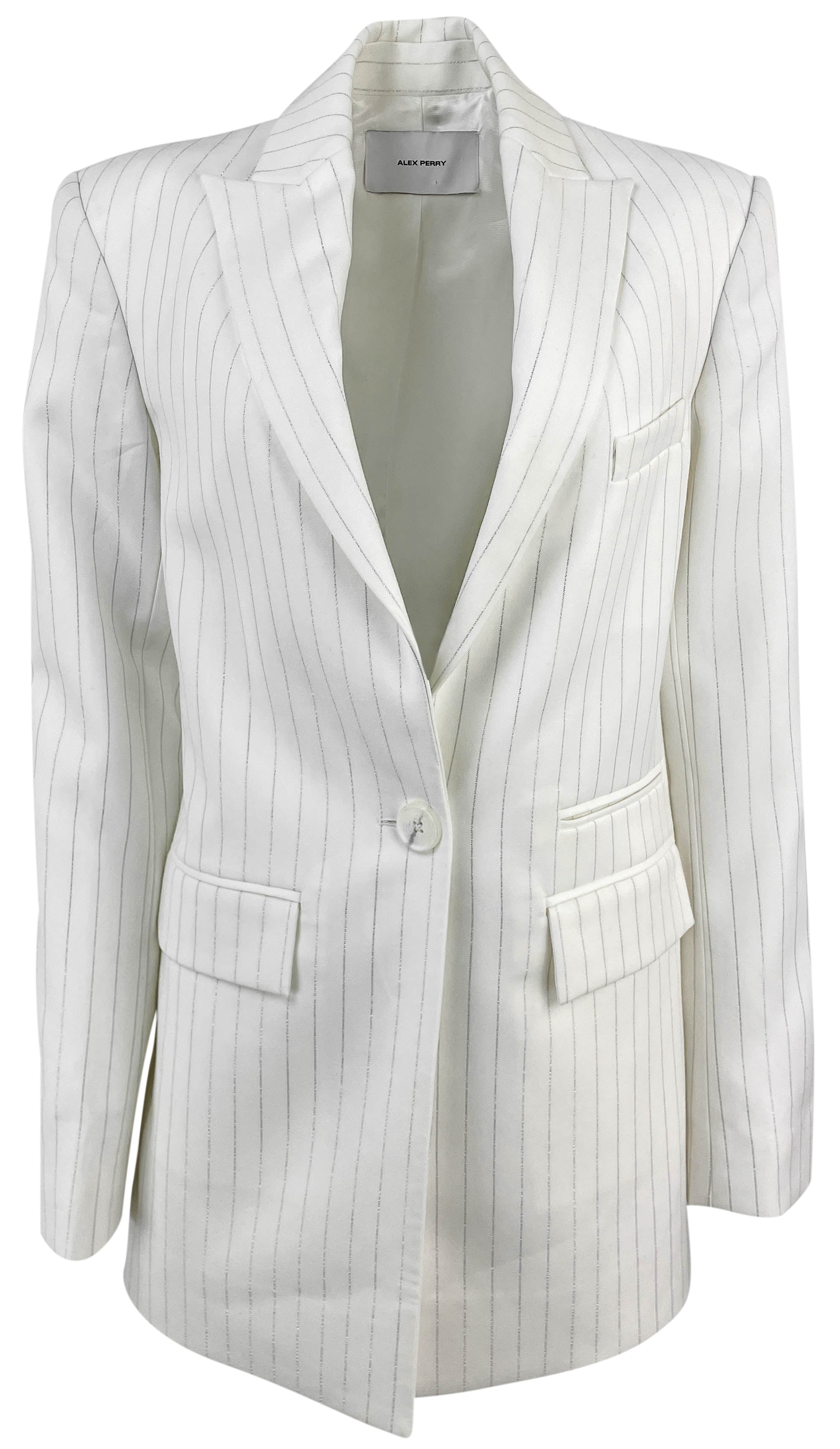 Alex Perry Crystal Pinstripe Single-Breasted Oversized Blazer in White 2 Alex Perry Crystal Pinstripe Single-Breasted Oversized Blazer in White