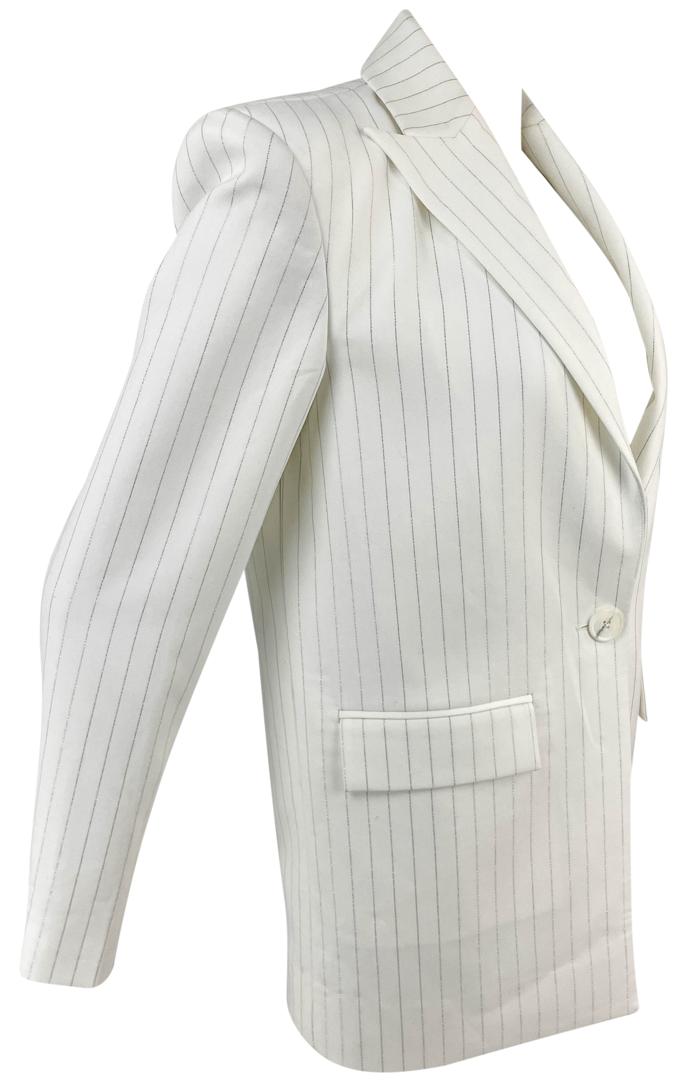 Alex Perry Crystal Pinstripe Single-Breasted Oversized Blazer in White