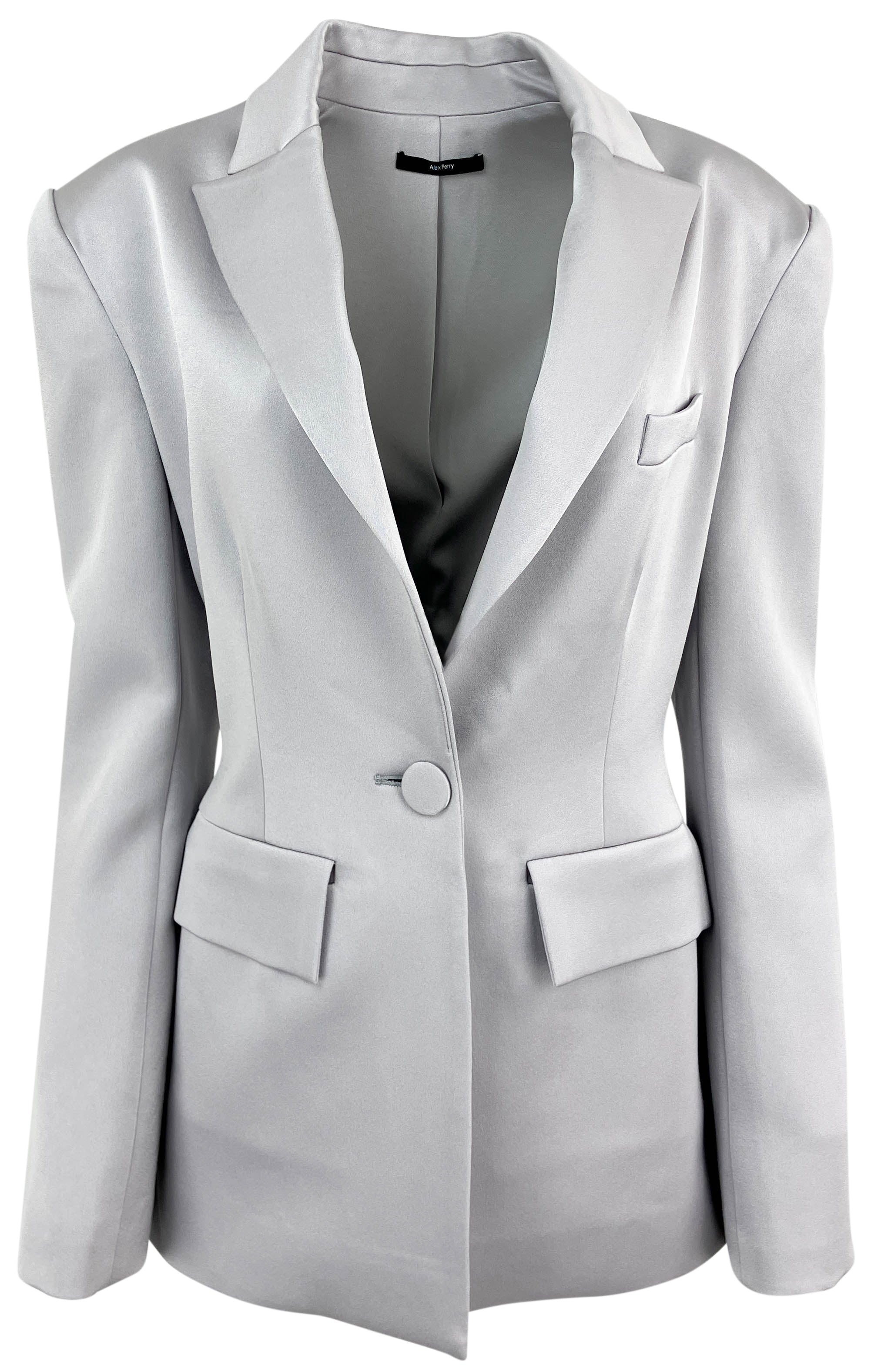 Alex Perry Single-Breasted Satin Crepe Jacket in Silver 1 Alex Perry Single-Breasted Satin Crepe Jacket in Silver