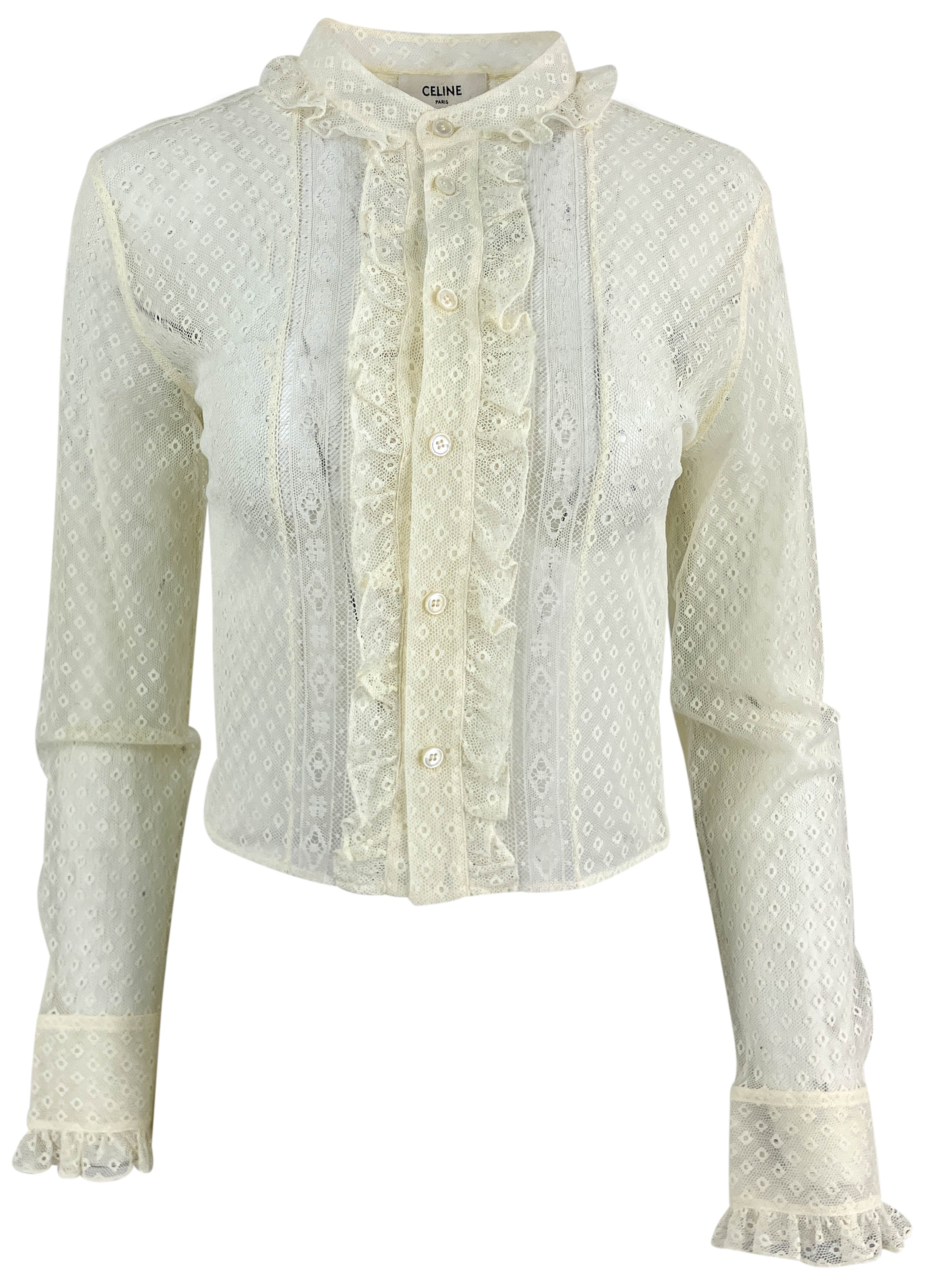 Celine Romy Cropped Cotton Lace Shirt in Cream