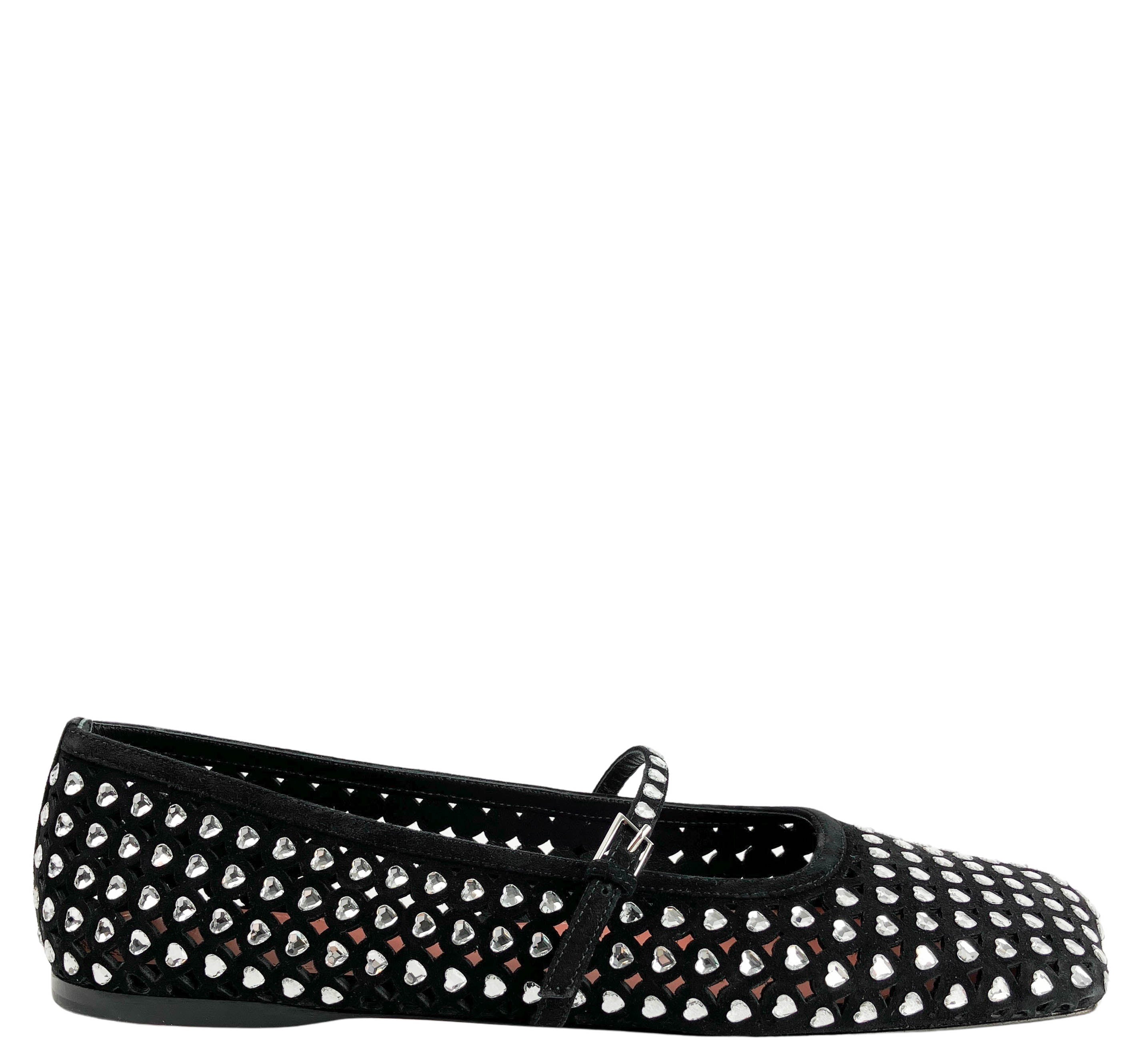 Amina Muaddi Ane Crystal Heart Flats in Suede Black