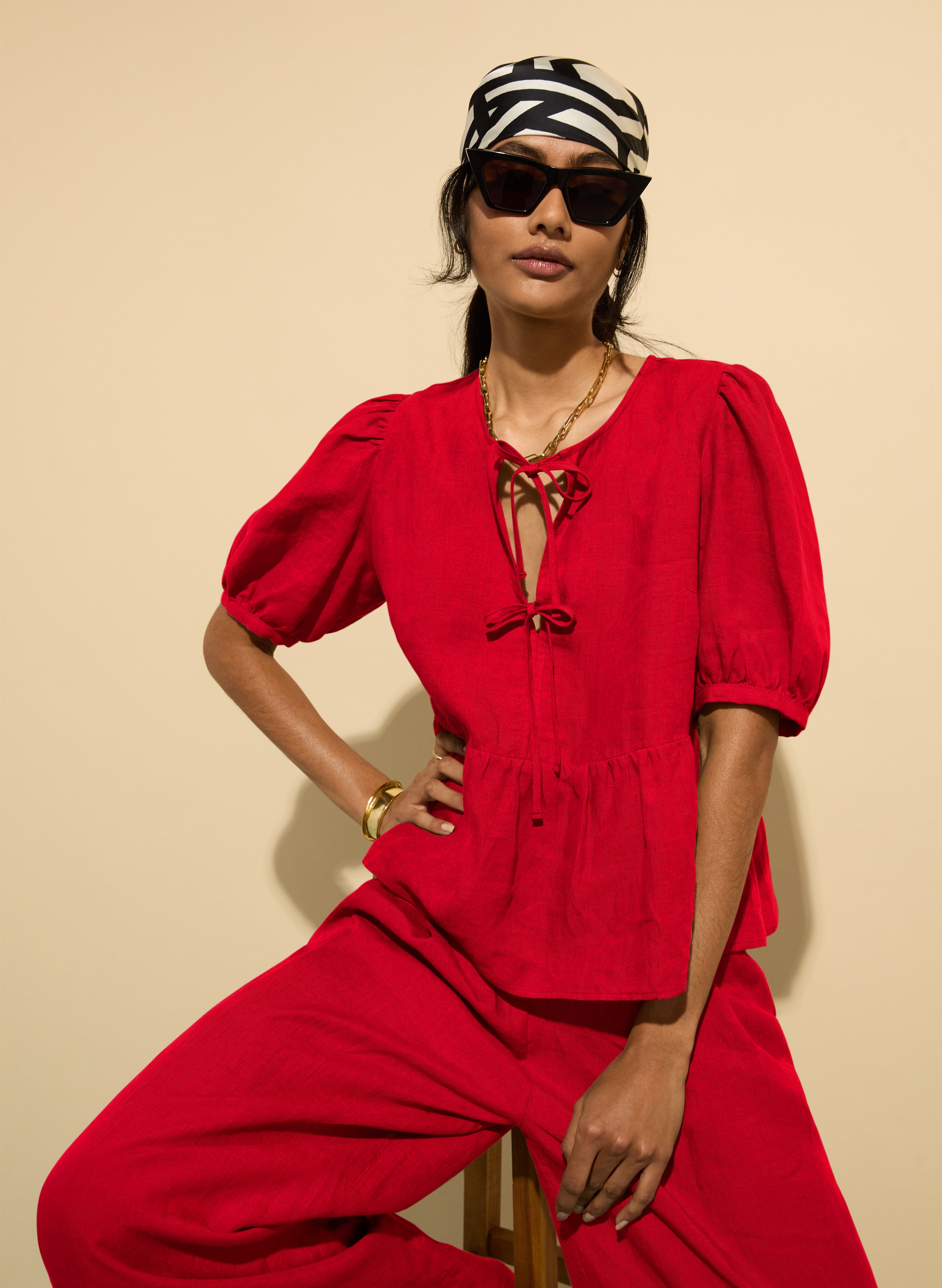 Marylinn Linen Tie Detail Blouse